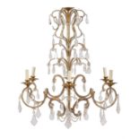 A Continental, gold painted wrought and sheet iron and glass mounted six light chandelier