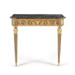 A dark green painted and parcel gilt console table