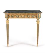 A dark green painted and parcel gilt console table