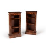 A pair of burr walnut and American walnut open bookcases