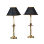 A pair of Victorian brass barley twist candlesticks fitted as table lamps