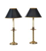 A pair of Victorian brass barley twist candlesticks fitted as table lamps