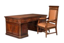 A Russian mahogany and gilt metal mounted twin pedestal desk in 19th century style