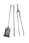 A set of William IV or early Victorian steel and brass mounted fire tools