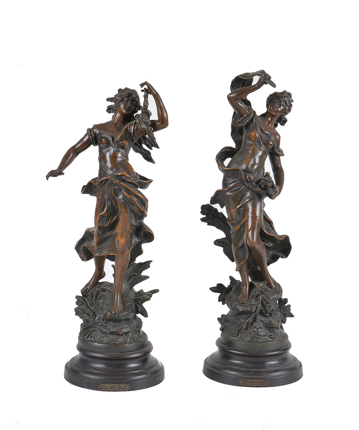 A pair of French patinated spelter allegorical models of the seasons after Auguste Moreau