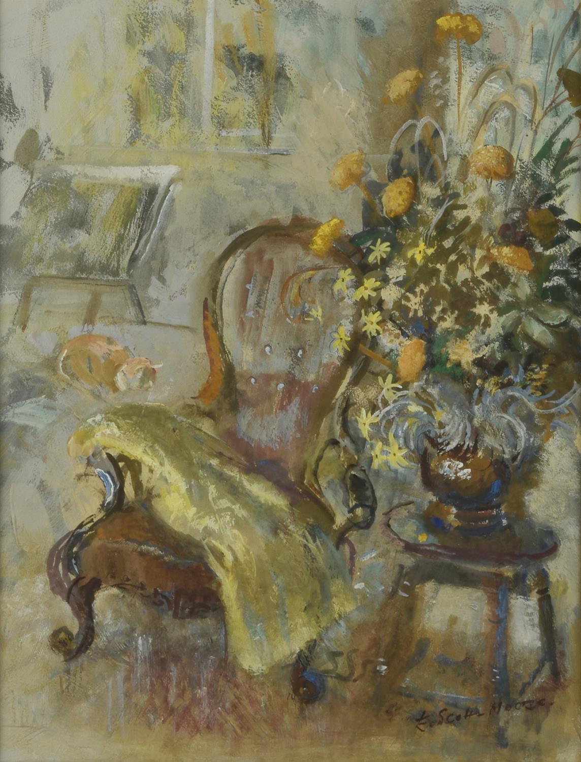 Elizabeth Scott-Moore (British 1902-1993), Interior scene with chair, cat and a vase of flowers