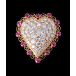A diamond and synthetic ruby heart brooch