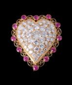 A diamond and synthetic ruby heart brooch