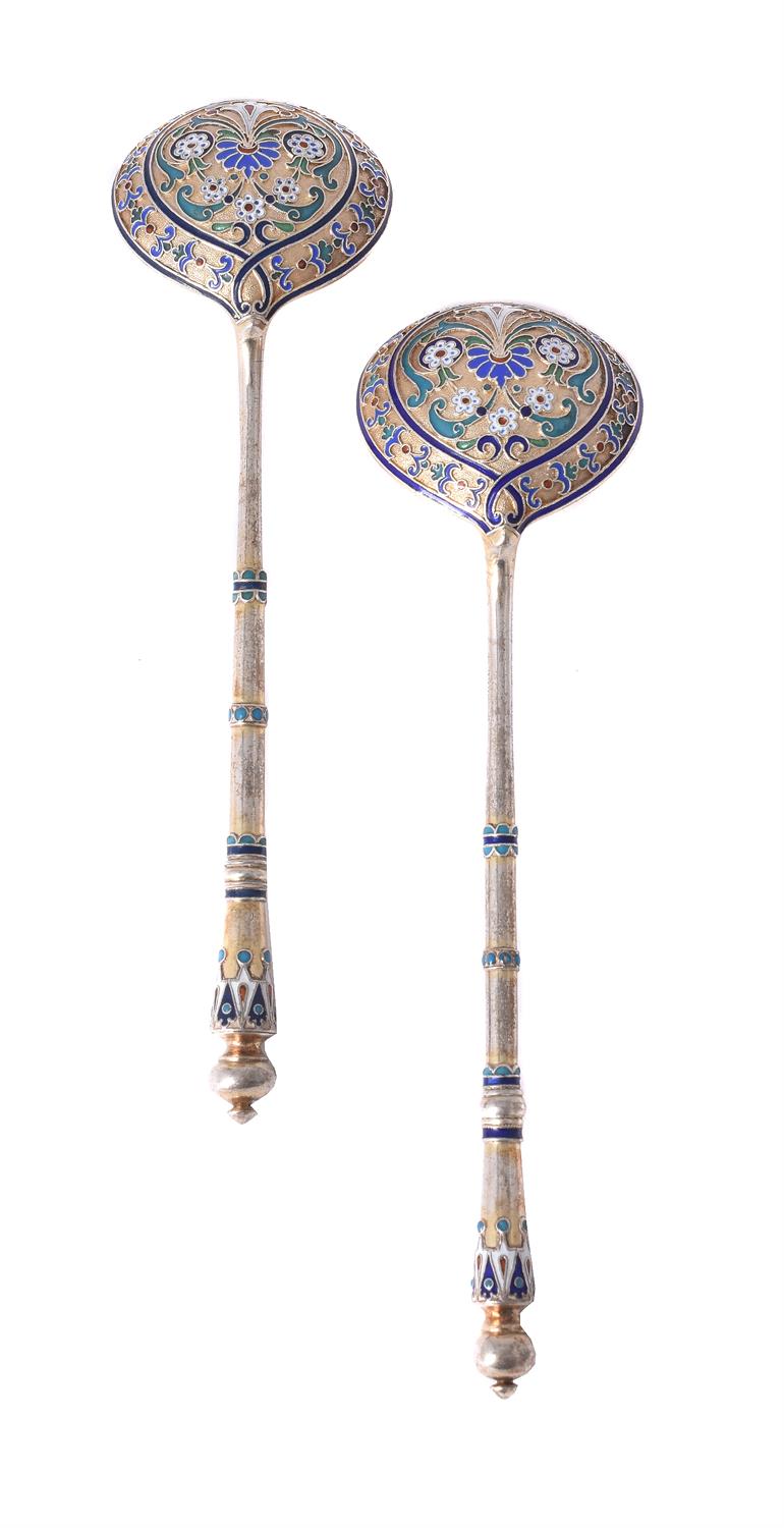 A cased pair of late 19th century Russian silver coloured and cloisonné enamel spoons by Antip Kuzmi