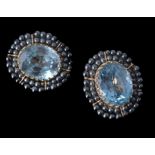 A pair of blue topaz and black cultured pearl cluster ear clips