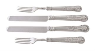 A set of twelve Victorian silver King's pattern dessert knives and forks by Francis Higgins II
