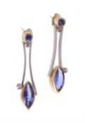 A pair of tanzanite and diamond ear pendants