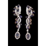 A pair of diamond and sapphire drop ear pendants