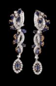 A pair of diamond and sapphire drop ear pendants