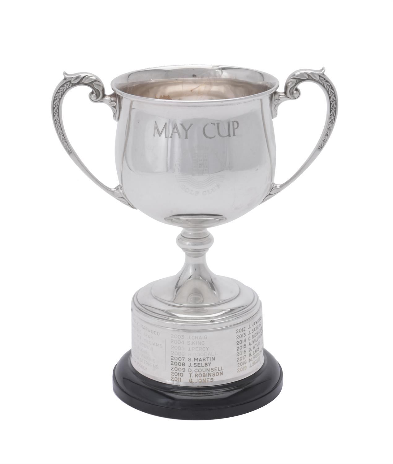 A silver twin handled baluster pedestal trophy cup by Barker Brothers Silver Ltd.