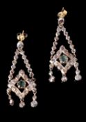 A pair of early 20th century and later emerald and diamond ear pendants