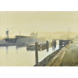 λ Peter Kelly (British 1931-2019) , Morning Mist, Rouen Docks