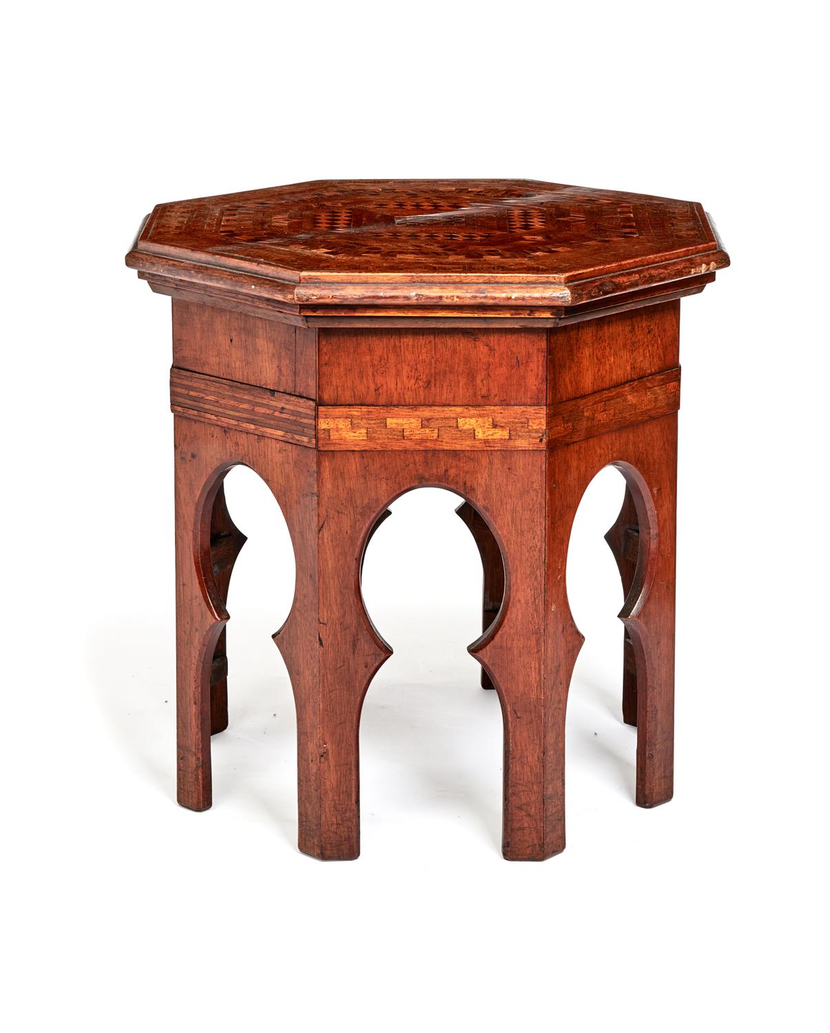 A Moorish walnut and parquetry occasional table