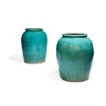 A pair of oversized turquoise glazed stoneware vases