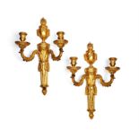 A pair of fine Louis XVI gilt bronze twin light wall appliques to the design by Jean-Louis Prieur (1