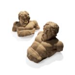 Two Northern European sandstone busts or terms of mythical giants