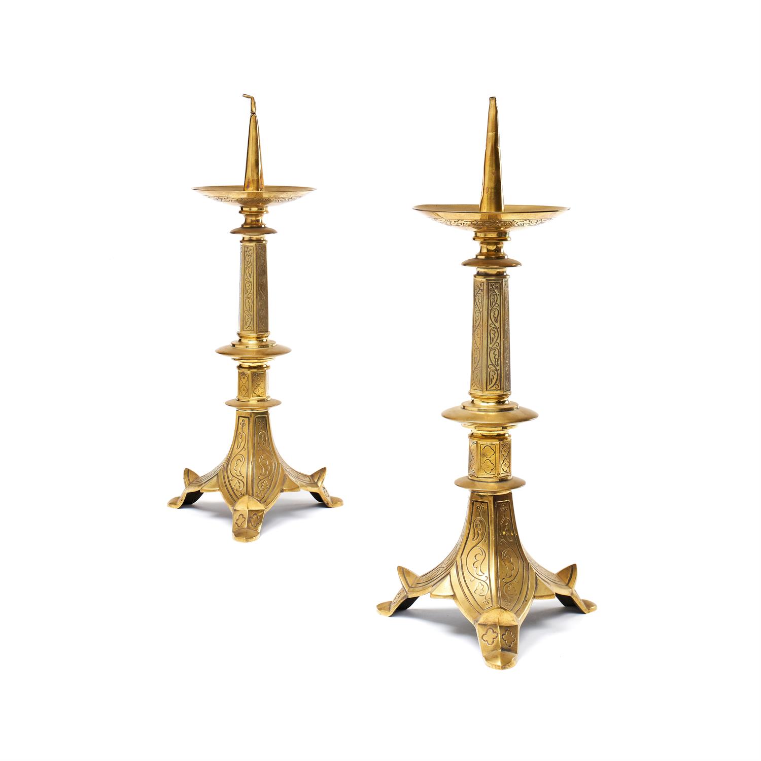 A pair of Victorian brass Gothic Revival pricket candlesticks