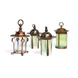 Four various Arts and Crafts copper and glazed hanging lanterns