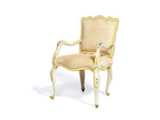 A French white and yellow painted armchair in Louis XV style