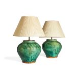 A pair of turquoise glazed terracotta vases fitted as table lamps