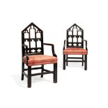 A pair of George III stained oak armchairs in Gothic taste