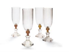 A set of four modern cut glass and metal mounted storm shades in Regency style