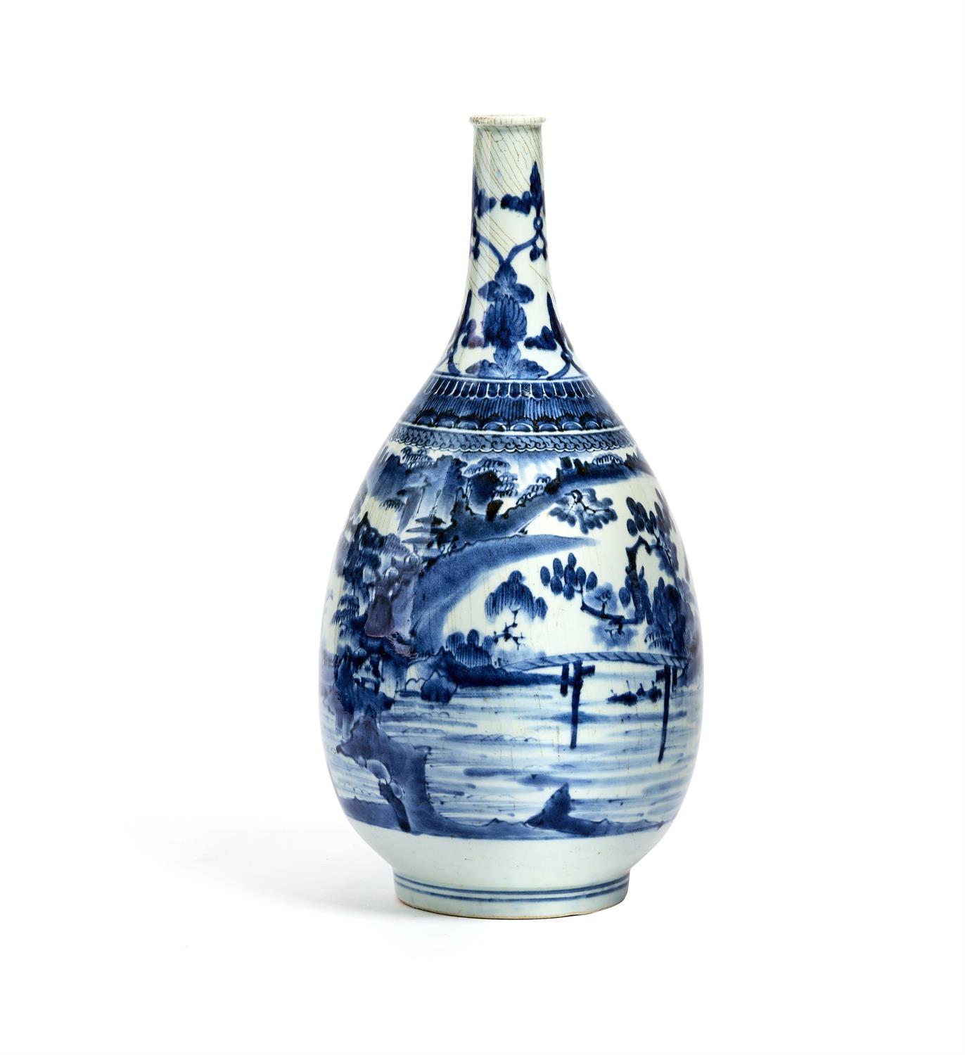 A Japanese blue and white Arita type bottle vase