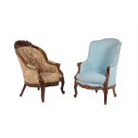 A Victorian mahogany and blue upholstered armchair