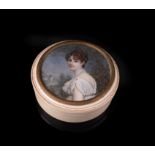 Y An ivory circular box and cover with inset portrait miniature