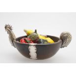 A silver plate mounted oak "rooster bowl"