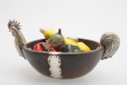 A silver plate mounted oak "rooster bowl"