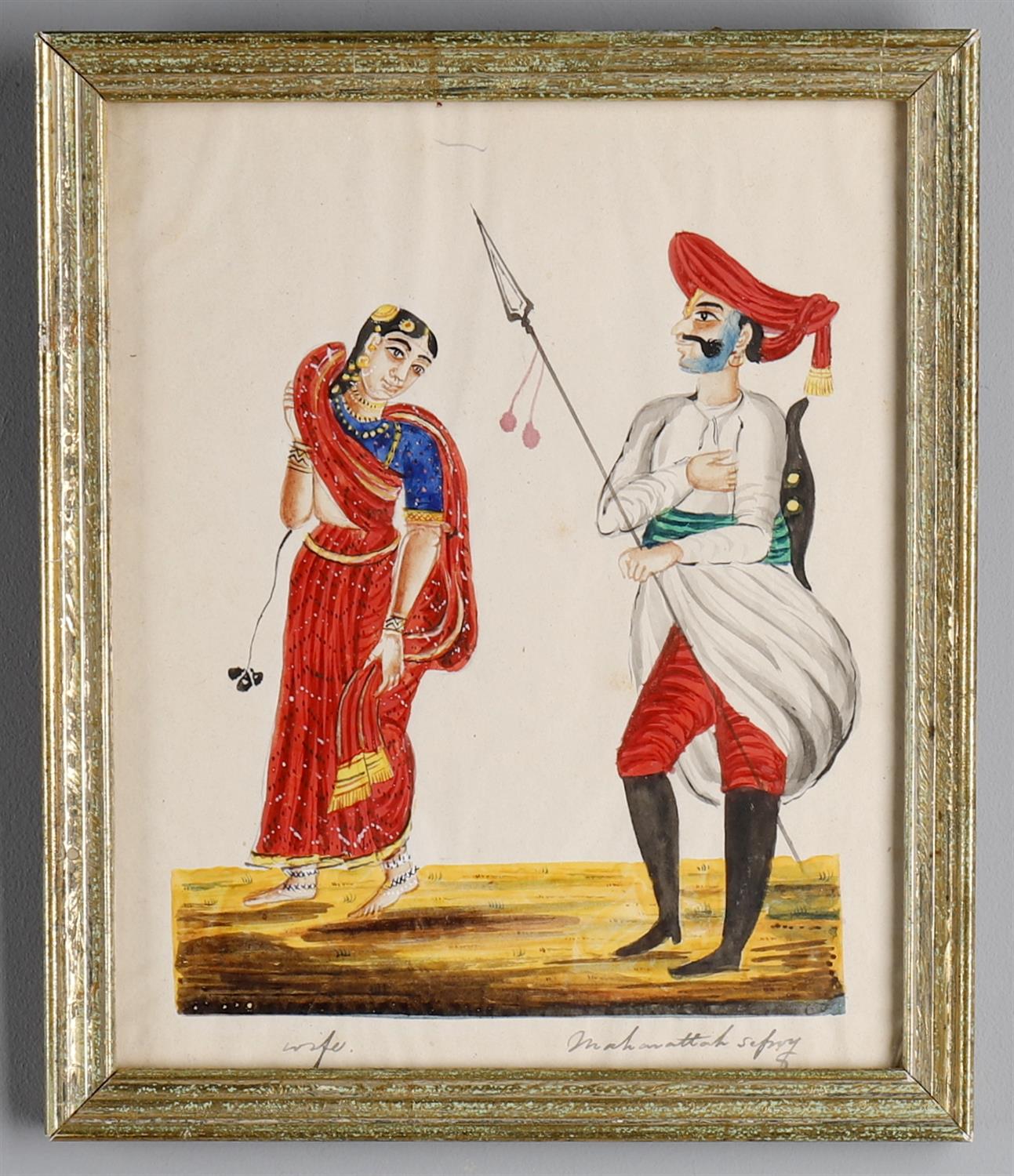 19th century Anglo-Indian "Company School", Maharattah Sepoy and wife - Image 2 of 3