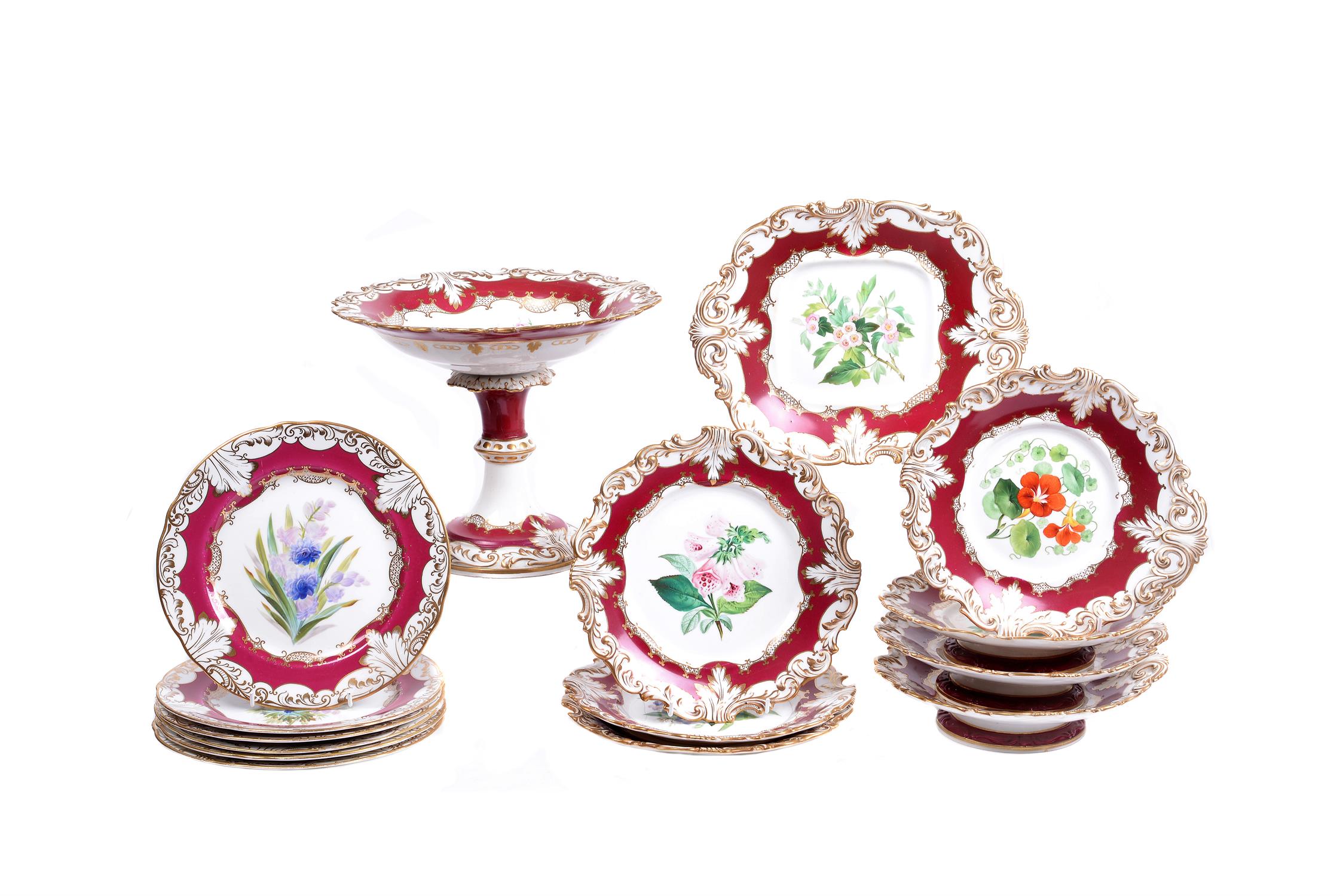 A Ridgway porcelain claret-ground and gilt part dessert service