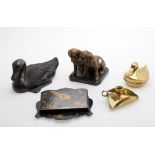 Assorted decorative items including a modern Chinese bronze duck