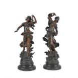 A pair of French patinated spelter allegorical models of the seasons after Auguste Moreau (1843-1917