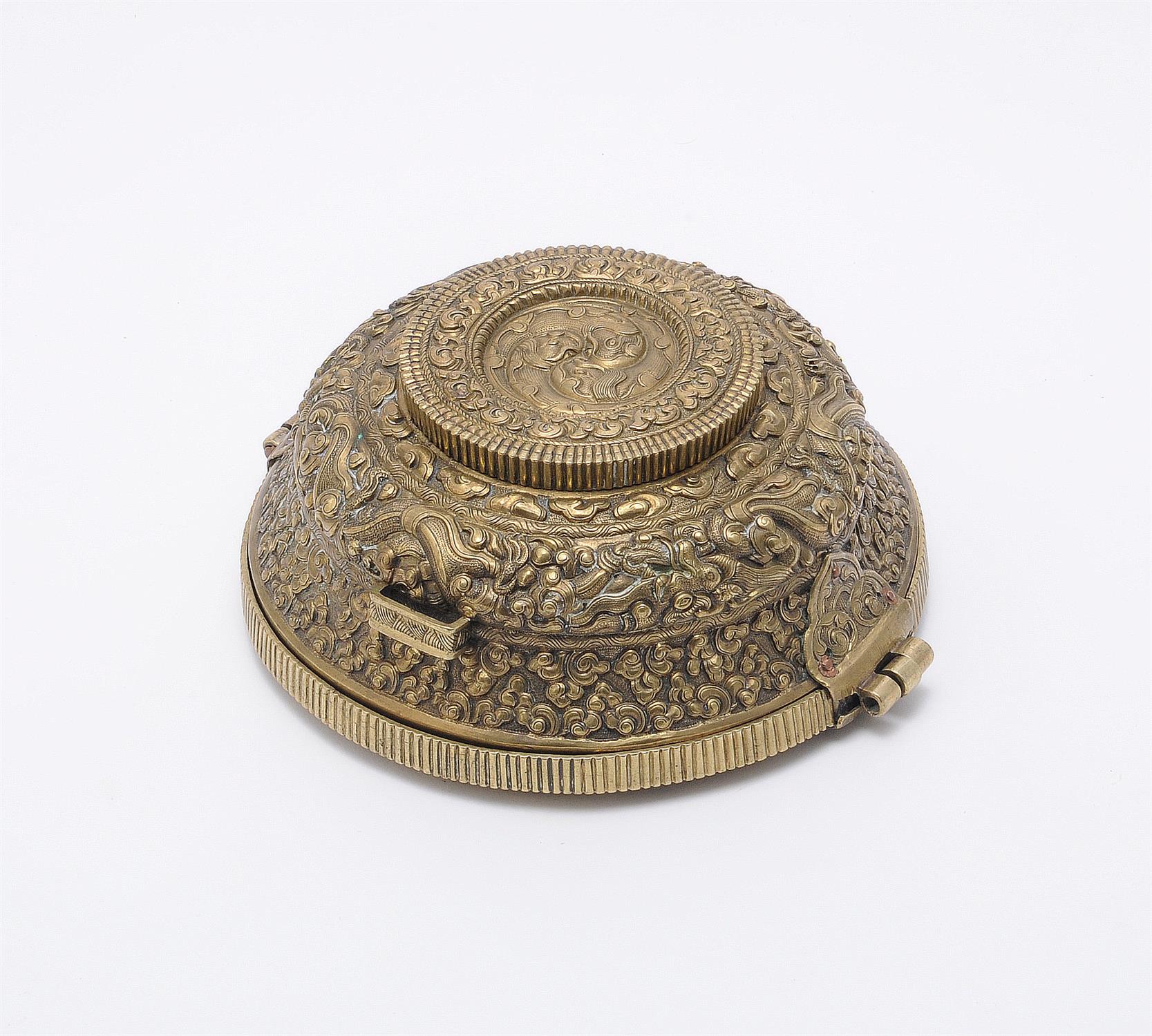 A Tibetan Buddhist copper-gilt repouss bowl container - Image 5 of 5