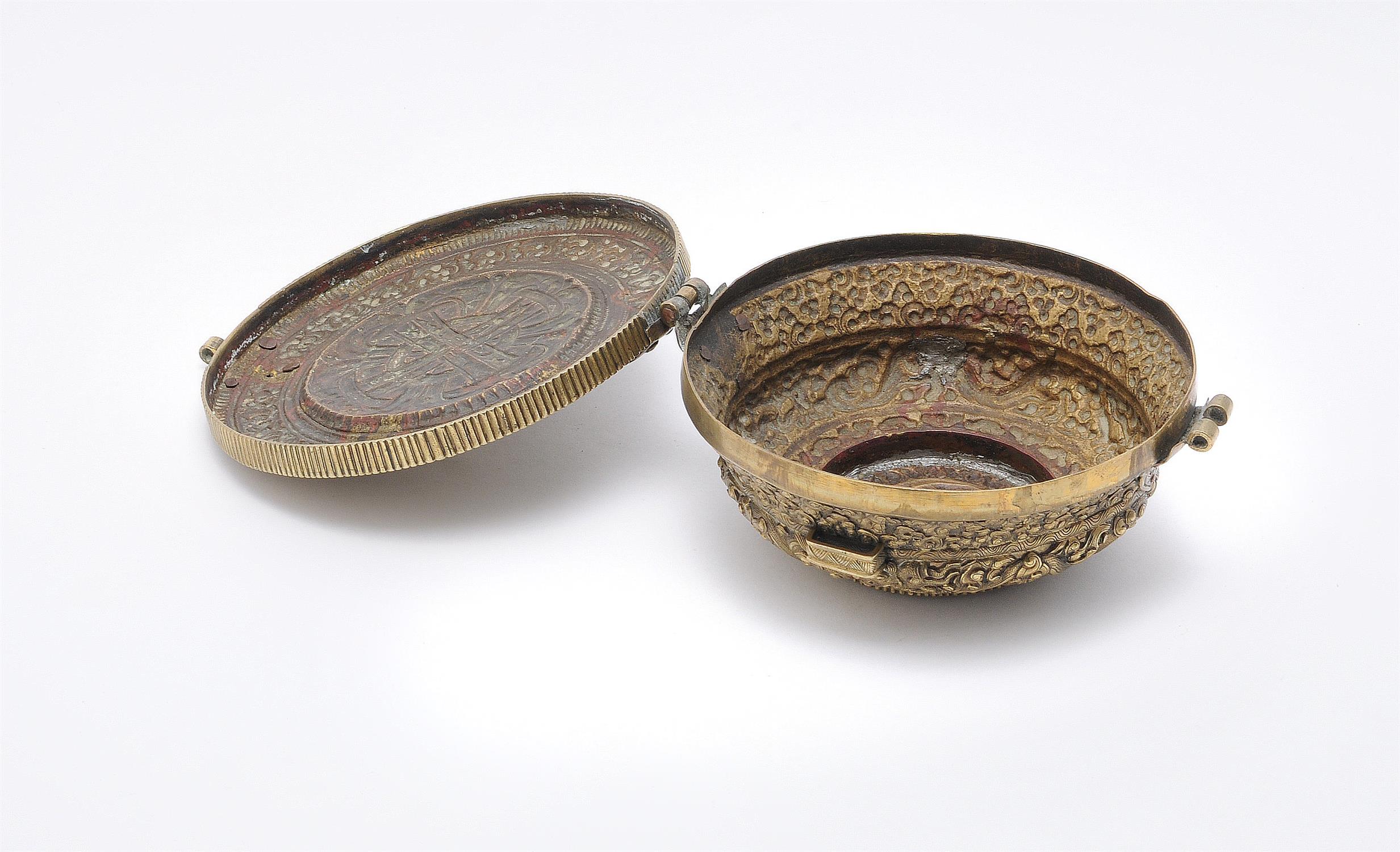 A Tibetan Buddhist copper-gilt repouss bowl container - Image 4 of 5