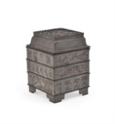 A Chinese square inscribed openwork pewter 'incense clock' burner