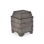 A Chinese square inscribed openwork pewter 'incense clock' burner