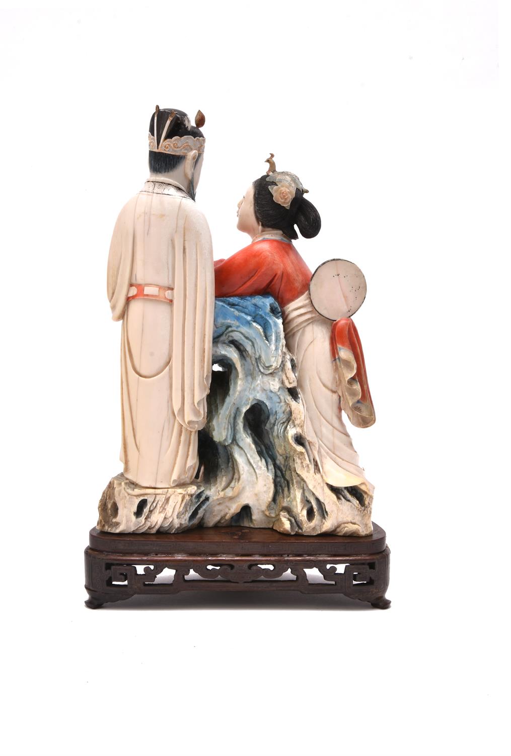 Y A Chinese stained ivory figure group of a court lady and an officer - Image 3 of 4
