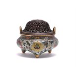 A Chinese cloisonné enamel tripod censer