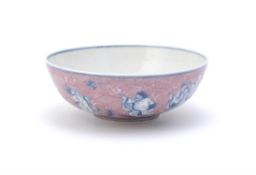 A Chinese blue and white puce enamelled bowl