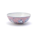 A Chinese blue and white puce enamelled bowl