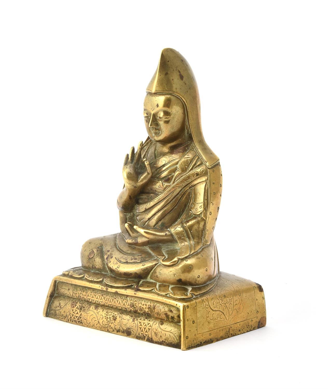 A Sino-Tibetan gilt-bronze seated figure of Tsong Ka Pa - Image 2 of 4