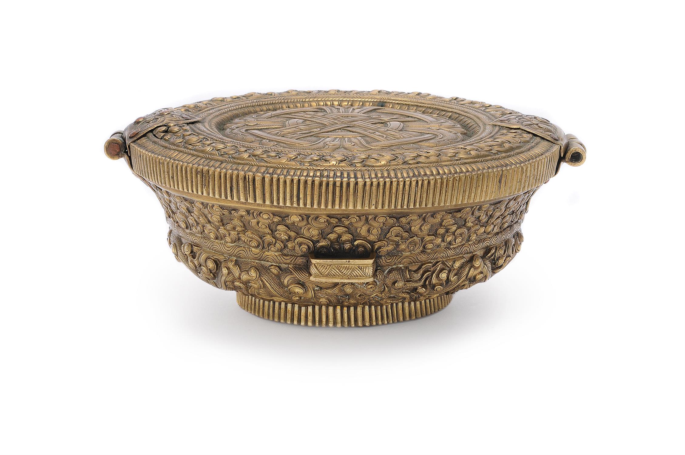 A Tibetan Buddhist copper-gilt repouss bowl container - Image 2 of 5